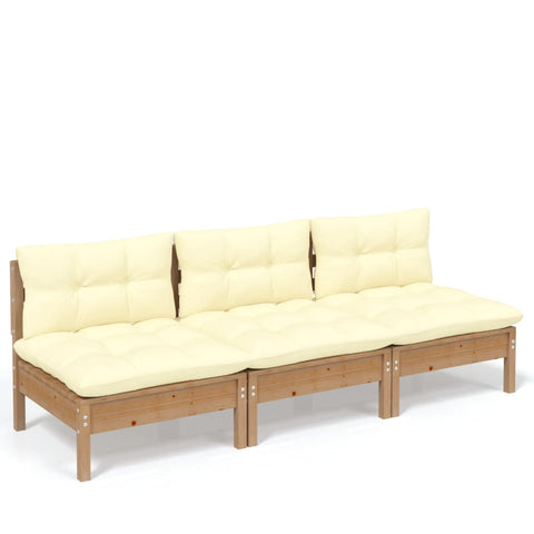 3-Sitzer-Gartensofa mit Creme Kissen Massivholz Kiefer