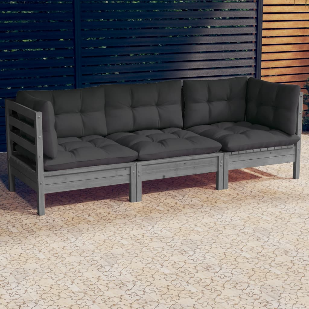 3-Sitzer-Gartensofa mit Anthrazit Kissen Massivholz Kiefer