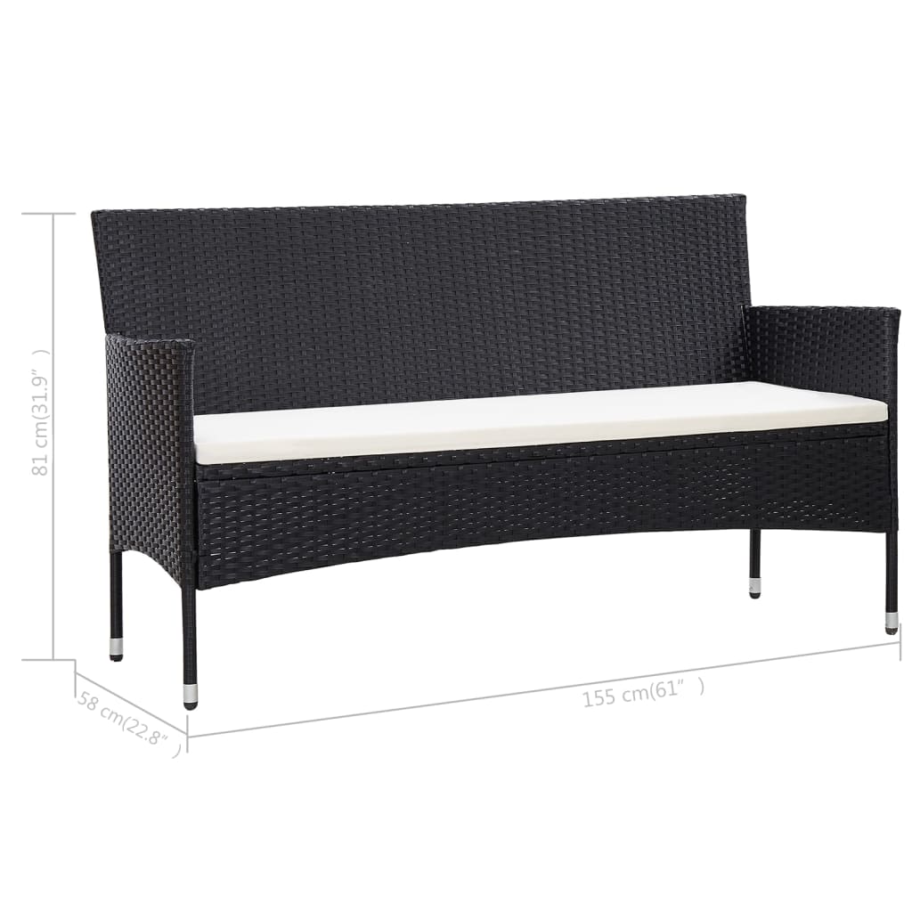 3-Sitzer-Gartensofa mit Kissen Schwarz Poly Rattan