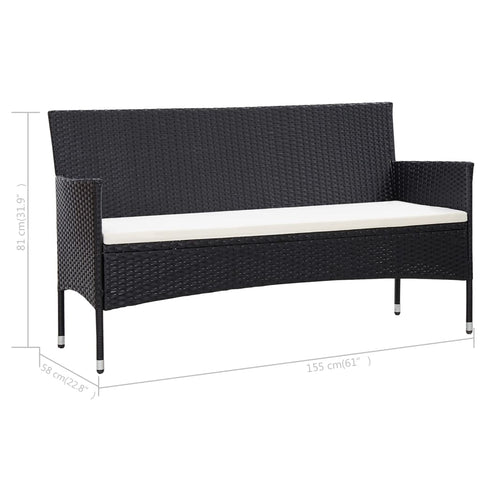 3-Sitzer-Gartensofa mit Kissen Schwarz Poly Rattan