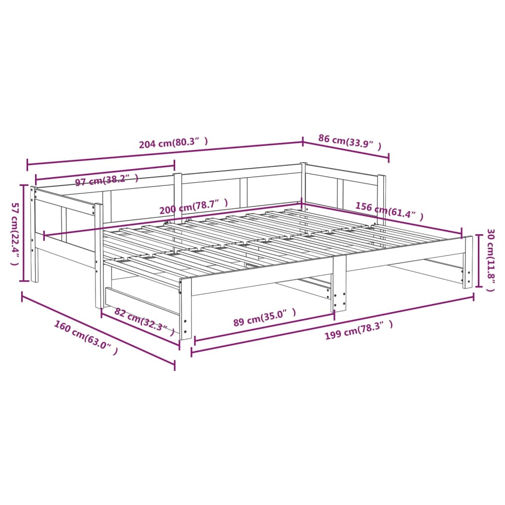 Ausziehbares Tagesbett Massivholz Kiefer 2x(80x200) cm oder 2x(90x200) cm