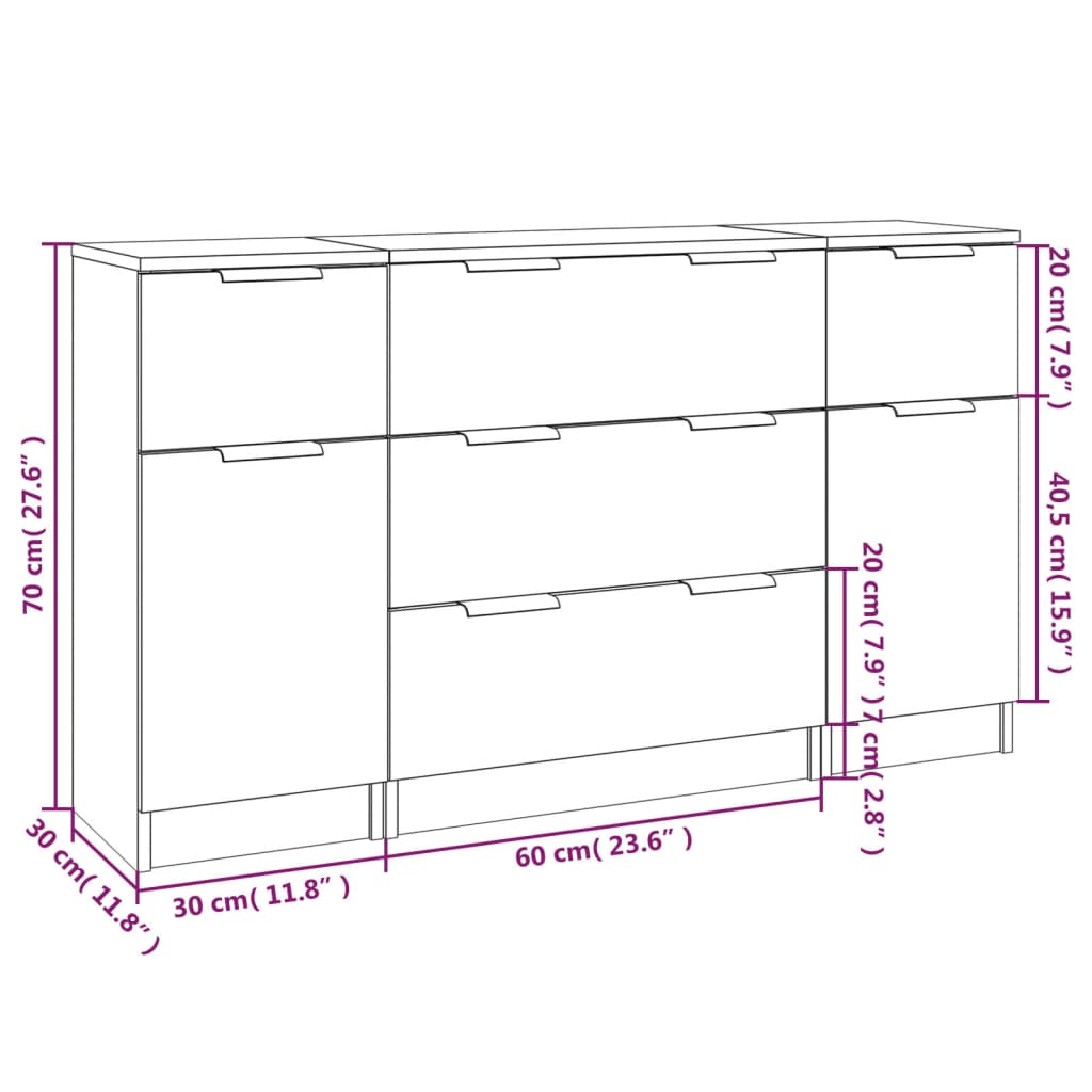 3-tlg. Sideboard-Set Betongrau Holzwerkstoff