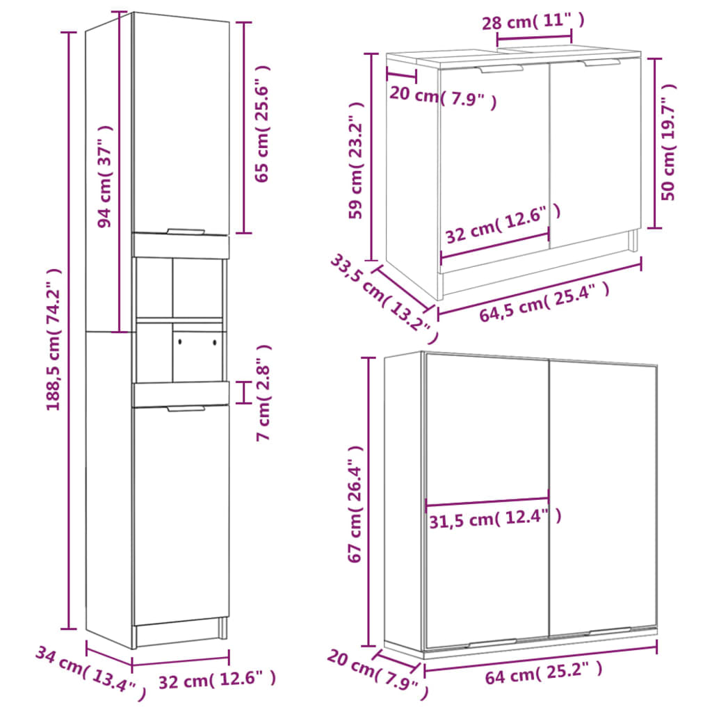 3-tlg. Badmöbel-Set Räuchereiche Holzwerkstoff