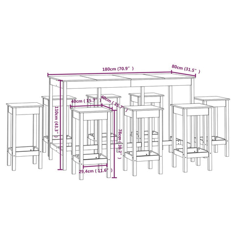 9-tlg. Bar-Set Schwarz Massivholz Kiefer