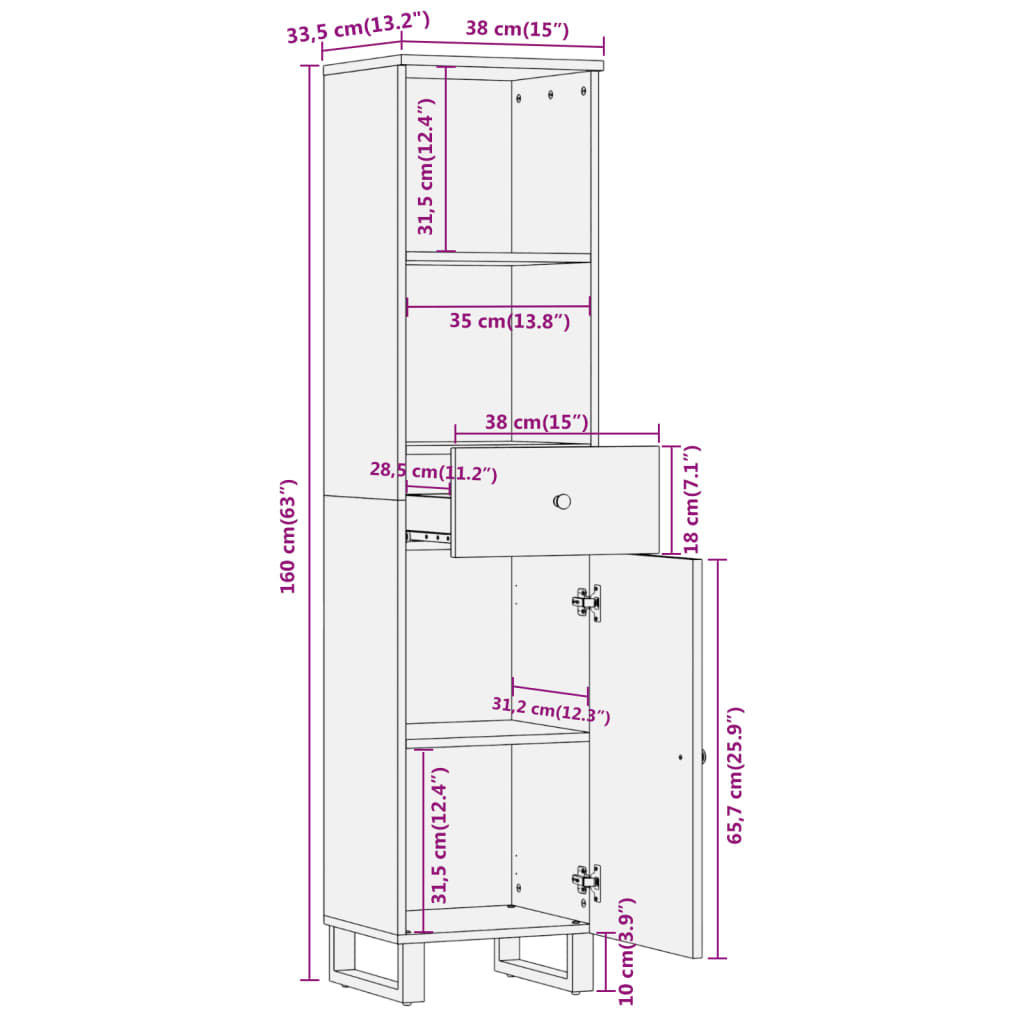 Badschrank Braun und Schwarz 38x33,5x160 cm Massivholz Mango