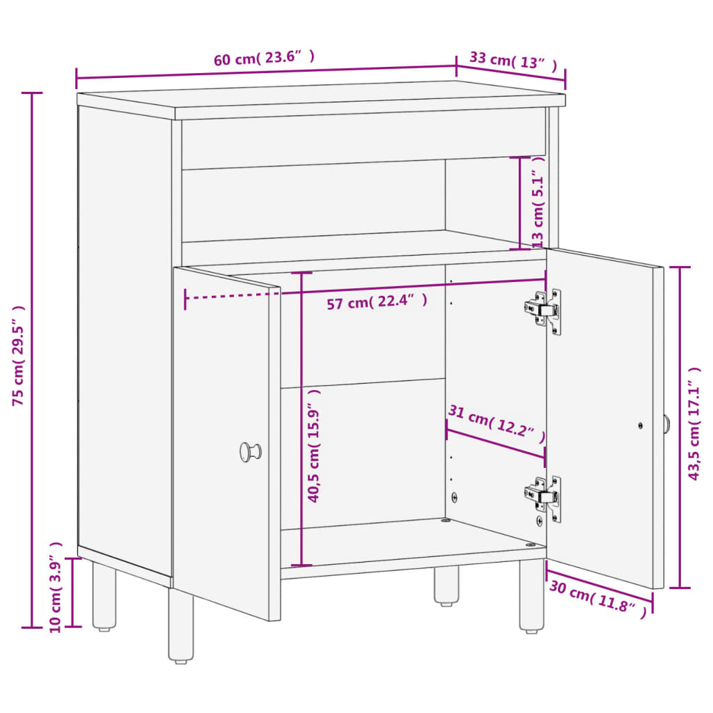 Beistellschrank Schwarz 60x33x75 cm Massivholz Mango