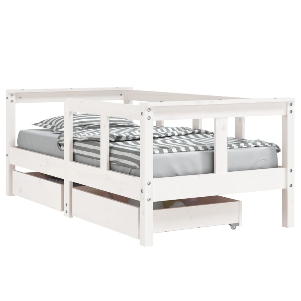 Kinderbett mit Schubladen 70x140 cm mit Reling und Rausfallschutz Massivholz Kiefer - Schwarz oder Weiß