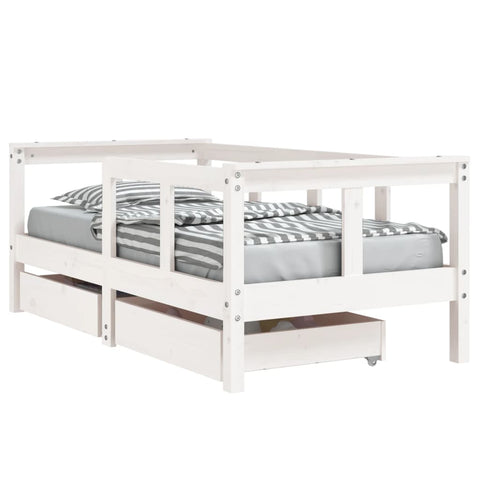 Kinderbett mit Schubladen 70x140 cm mit Reling und Rausfallschutz Massivholz Kiefer - Schwarz oder Weiß