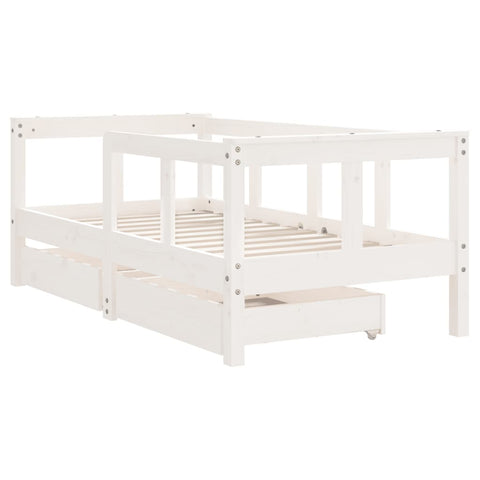 Kinderbett mit Schubladen 70x140 cm mit Reling und Rausfallschutz Massivholz Kiefer - Schwarz oder Weiß