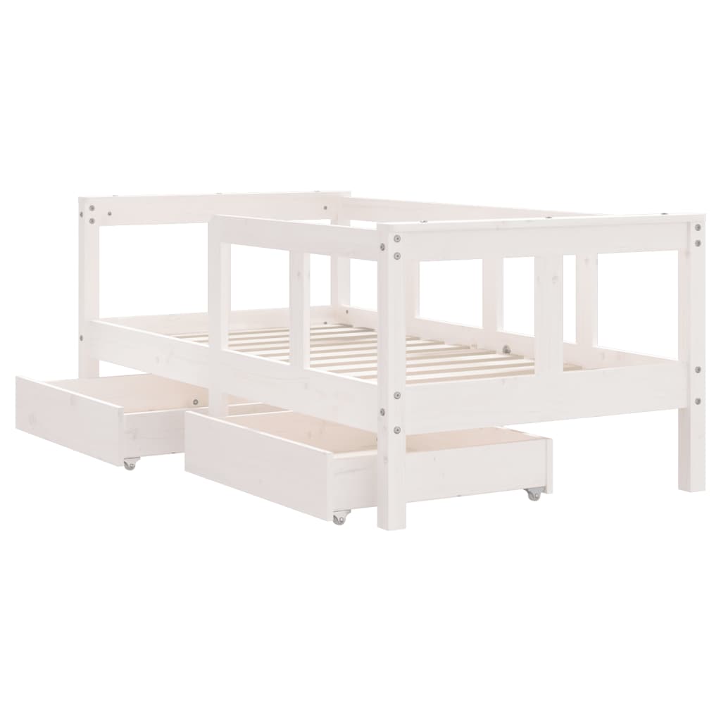 Kinderbett mit Schubladen 70x140 cm mit Reling und Rausfallschutz Massivholz Kiefer - Schwarz oder Weiß