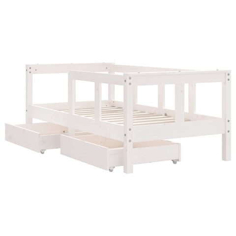 Kinderbett mit Schubladen 70x140 cm mit Reling und Rausfallschutz Massivholz Kiefer - Schwarz oder Weiß