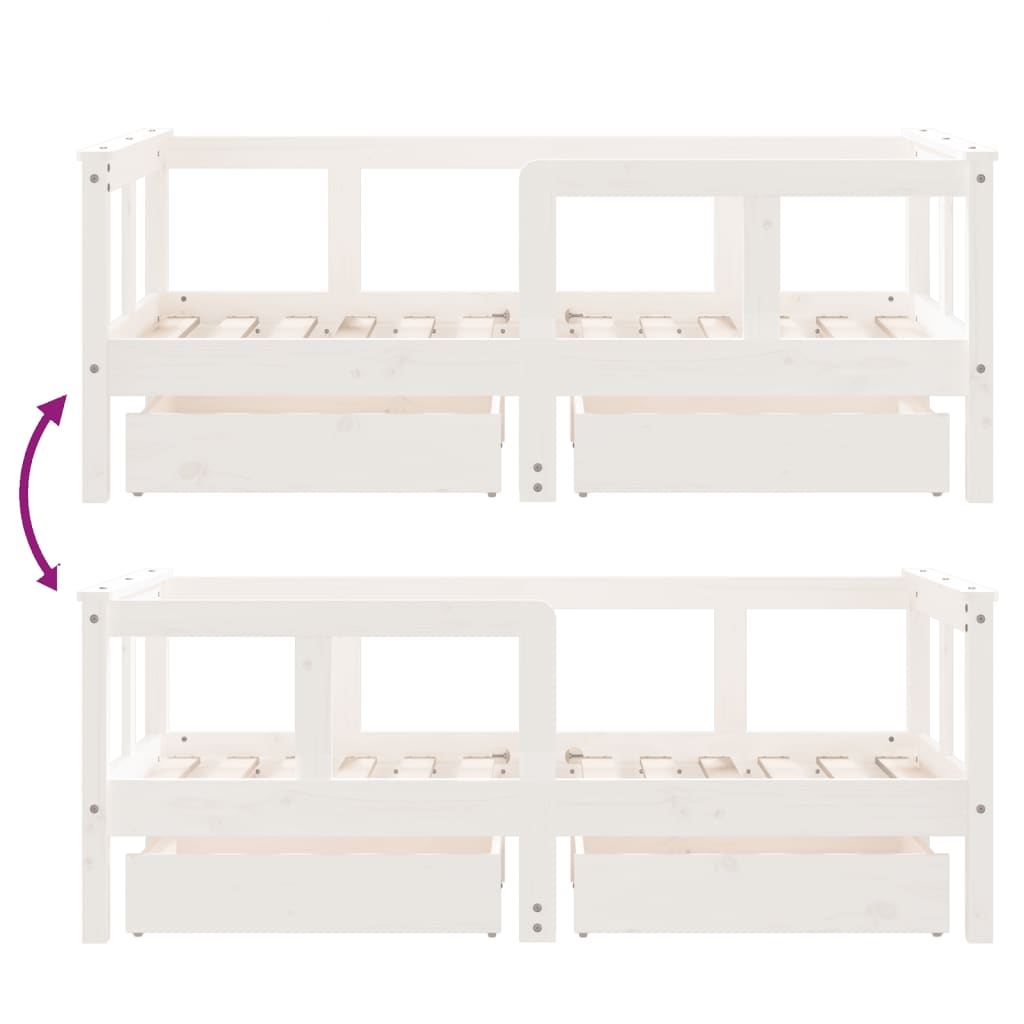 Kinderbett mit Schubladen 70x140 cm mit Reling und Rausfallschutz Massivholz Kiefer - Schwarz oder Weiß