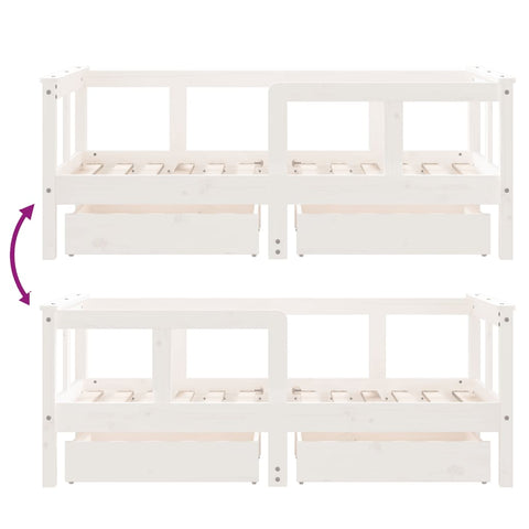Kinderbett mit Schubladen 70x140 cm mit Reling und Rausfallschutz Massivholz Kiefer - Schwarz oder Weiß