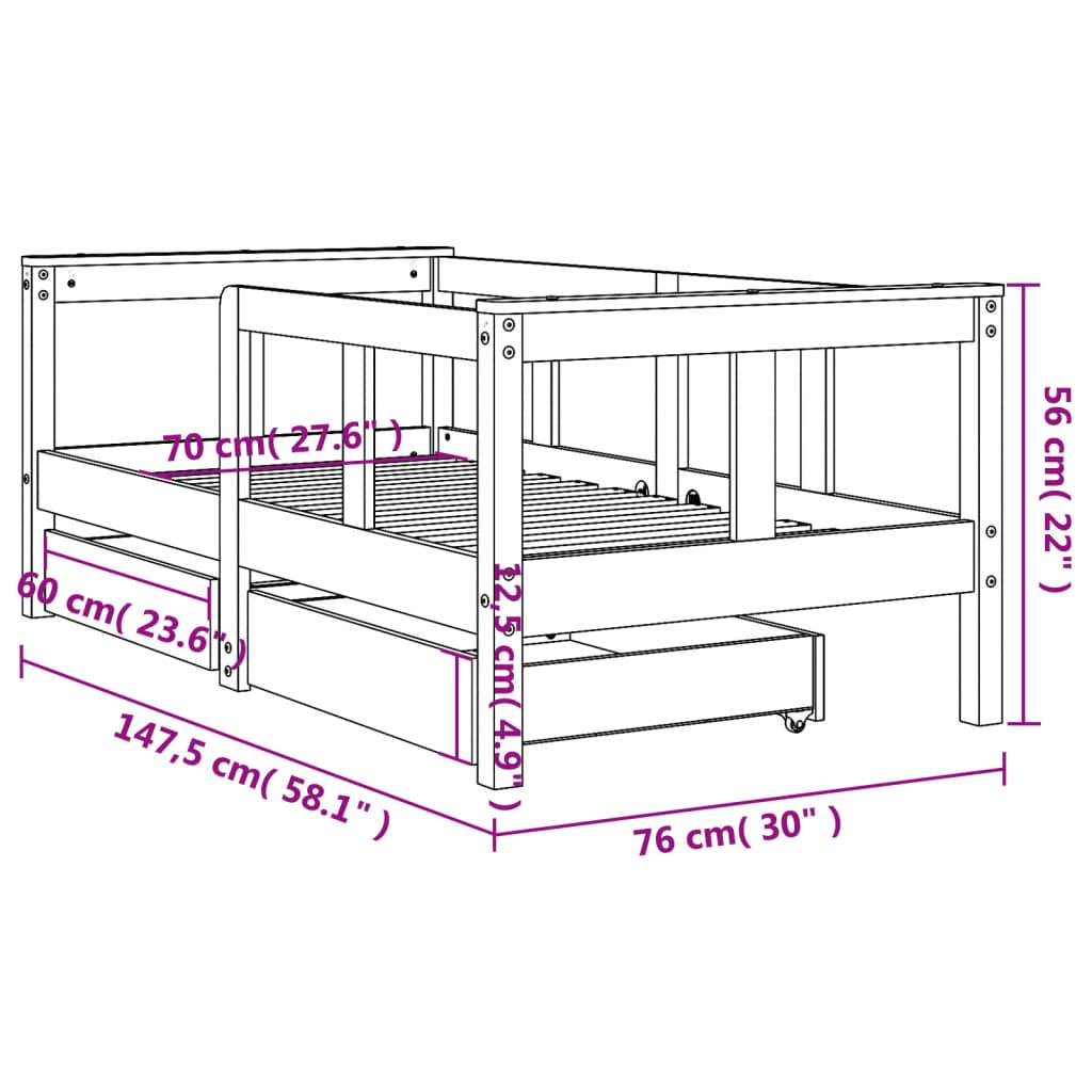 Kinderbett mit Schubladen 70x140 cm mit Reling und Rausfallschutz Massivholz Kiefer - Schwarz oder Weiß