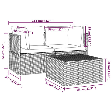 3-tlg. Garten-Lounge-Set mit Kissen Grau Poly Rattan