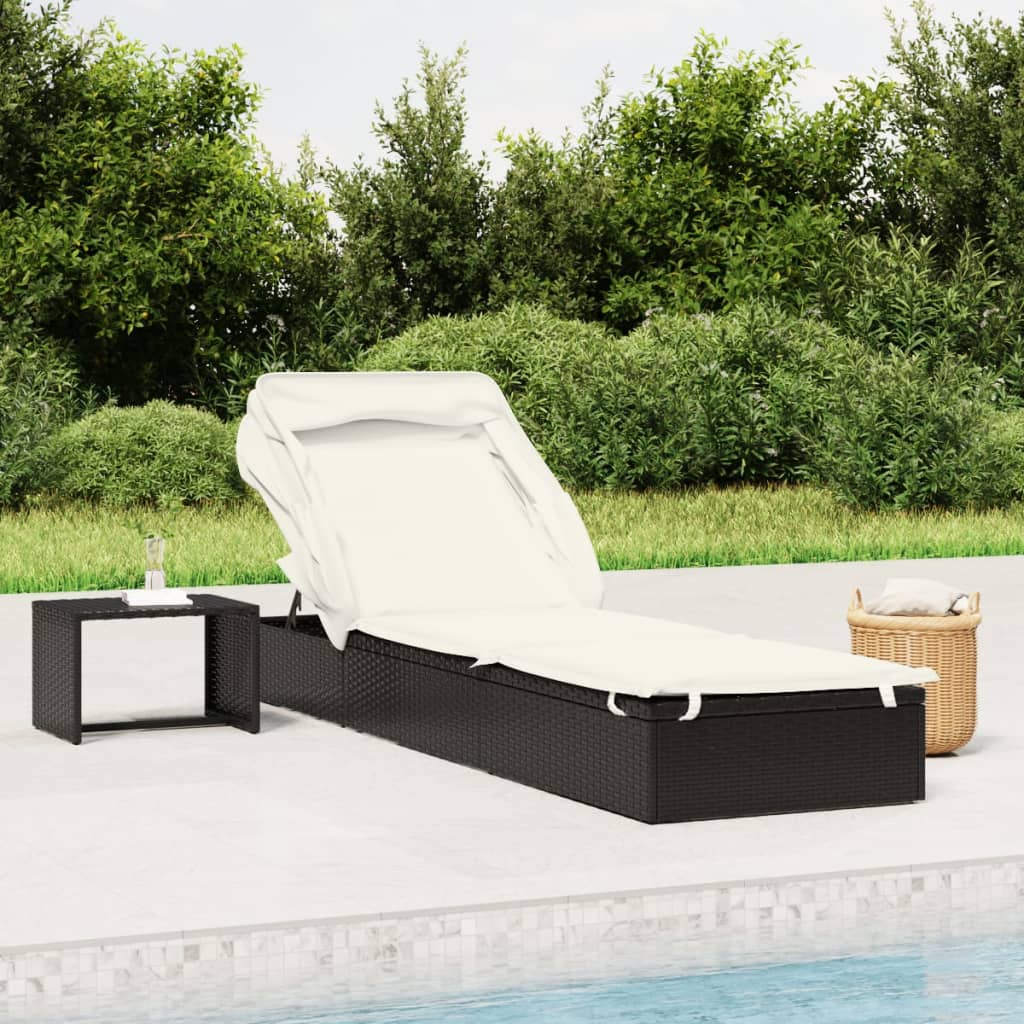 Sonnenliege mit Faltdach Schwarz 213x63x97 cm Poly Rattan