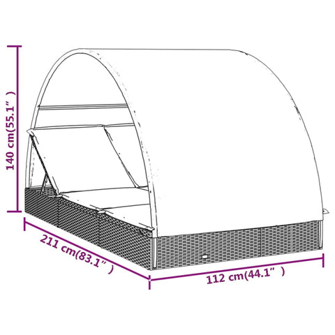 2-Personen-Sonnenliege mit Dach Grau 211x112x140 Poly Rattan