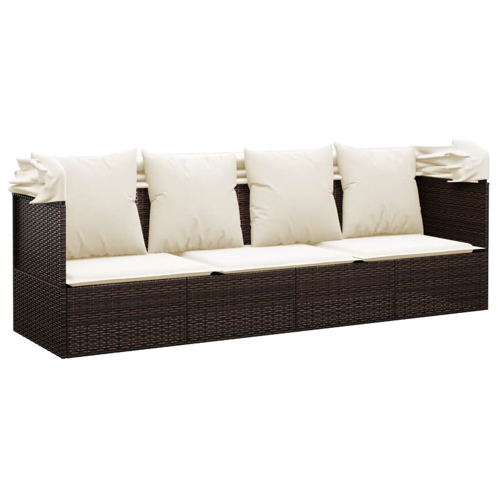 Outdoor-Loungebett mit Dach und Kissen Braun Poly Rattan