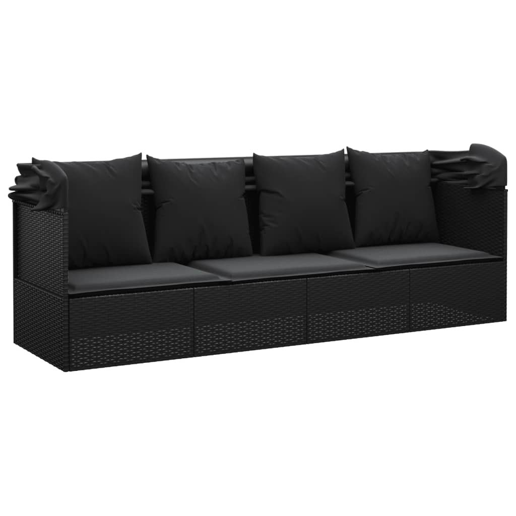 Outdoor-Loungebett mit Dach und Kissen Schwarz Poly Rattan