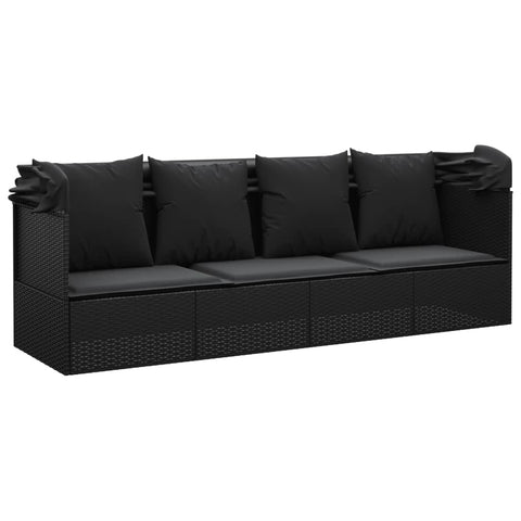 Outdoor-Loungebett mit Dach und Kissen Schwarz Poly Rattan