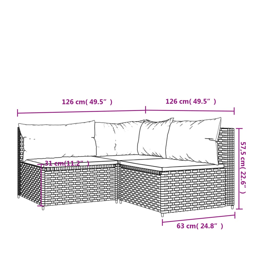 3-tlg. Garten-Lounge-Set mit Kissen Braun Poly Rattan