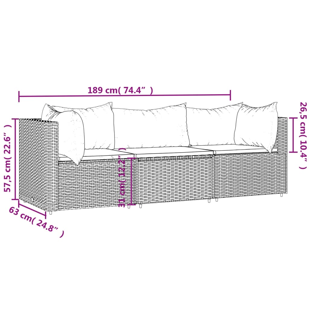 3-tlg. Garten-Lounge-Set mit Kissen Braun Poly Rattan