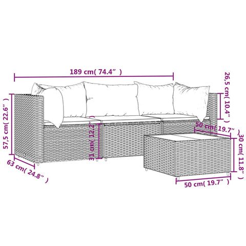 4-tlg. Garten-Lounge-Set mit Kissen Braun Poly Rattan