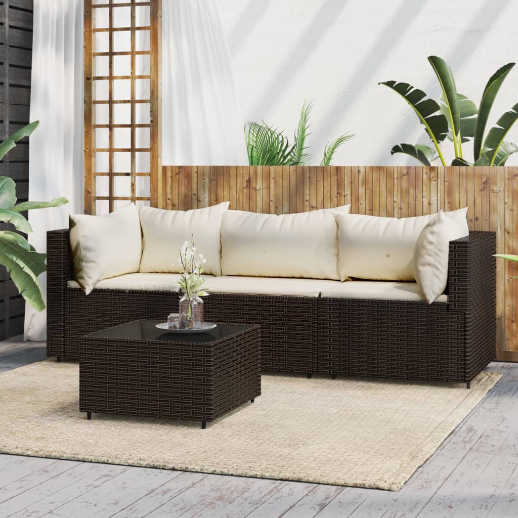 4-tlg. Garten-Lounge-Set mit Kissen Braun Poly Rattan