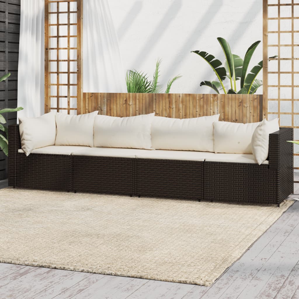 4-tlg. Garten-Lounge-Set mit Kissen Braun Poly Rattan