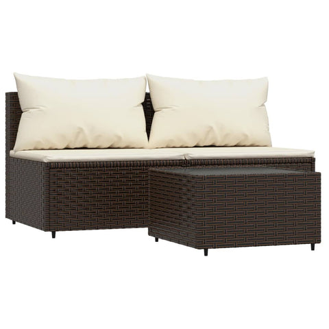 3-tlg. Garten-Lounge-Set mit Kissen Braun Poly Rattan