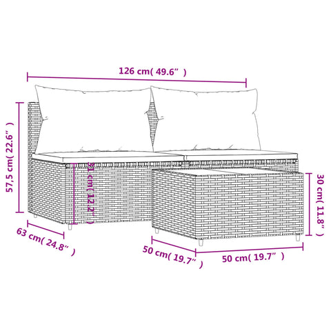 3-tlg. Garten-Lounge-Set mit Kissen Braun Poly Rattan