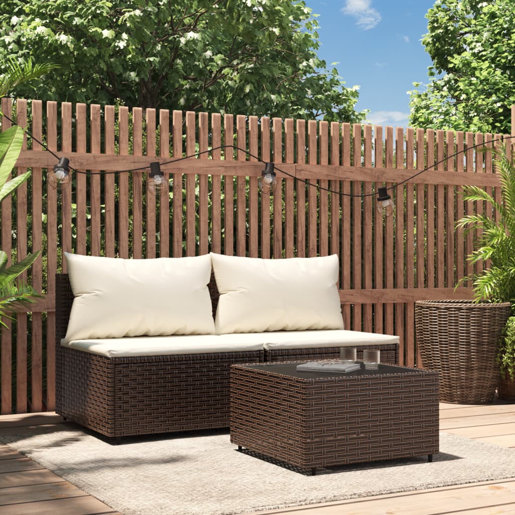 3-tlg. Garten-Lounge-Set mit Kissen Braun Poly Rattan