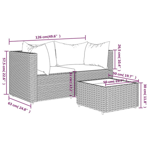 3-tlg. Garten-Lounge-Set mit Kissen Grau Poly Rattan