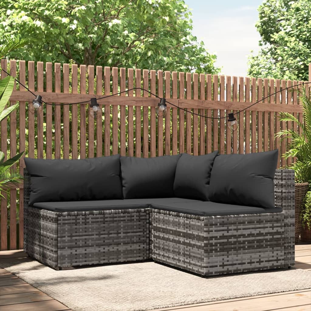 3-tlg. Garten-Lounge-Set mit Kissen Grau Poly Rattan