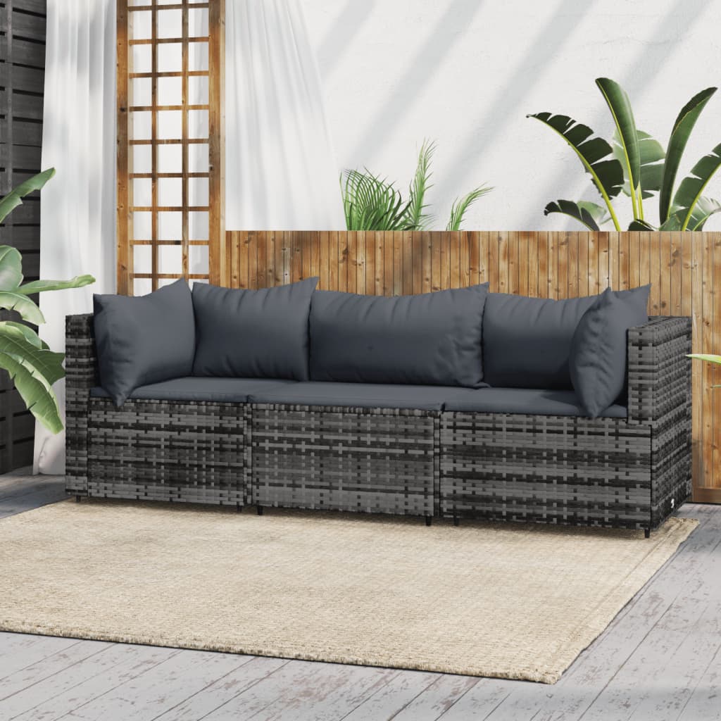 3-tlg. Garten-Lounge-Set mit Kissen Grau Poly Rattan