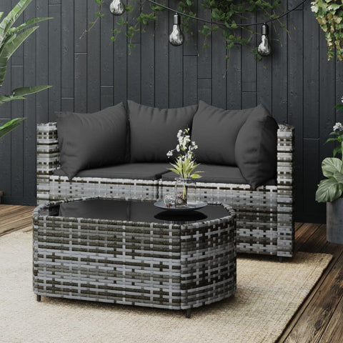 3-tlg. Garten-Lounge-Set mit Kissen Grau Poly Rattan