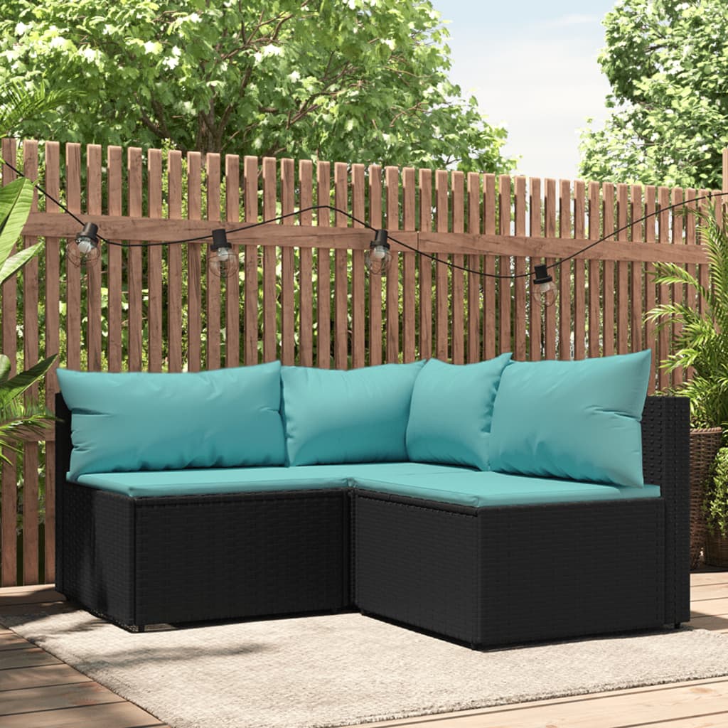 3-tlg. Garten-Lounge-Set mit Kissen Schwarz Poly Rattan