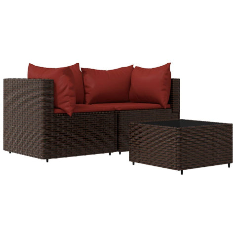 3-tlg. Garten-Lounge-Set mit Kissen Braun Poly Rattan