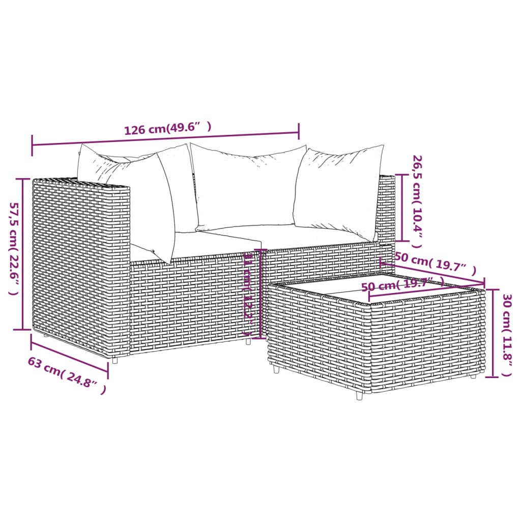 3-tlg. Garten-Lounge-Set mit Kissen Braun Poly Rattan