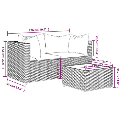 3-tlg. Garten-Lounge-Set mit Kissen Braun Poly Rattan