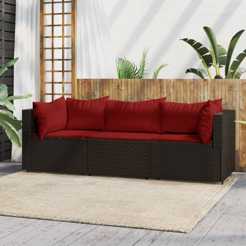 3-tlg. Garten-Lounge-Set mit Kissen Braun Poly Rattan