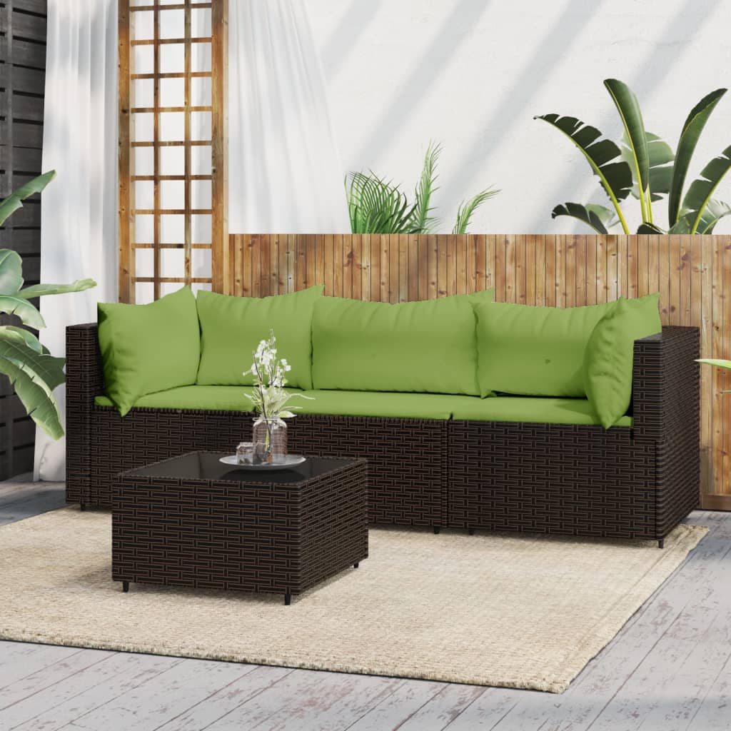 4-tlg. Garten-Lounge-Set mit Kissen Braun Poly Rattan