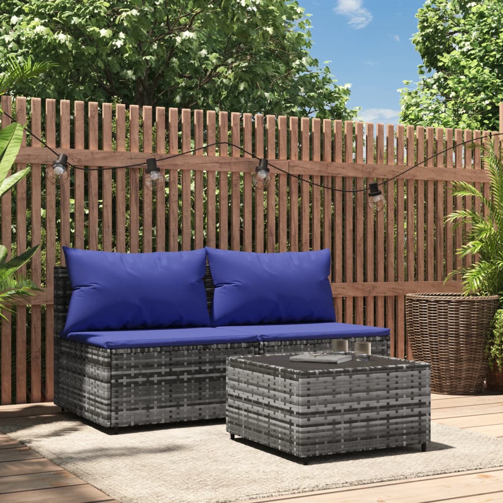 3-tlg. Garten-Lounge-Set mit Kissen Grau Poly Rattan