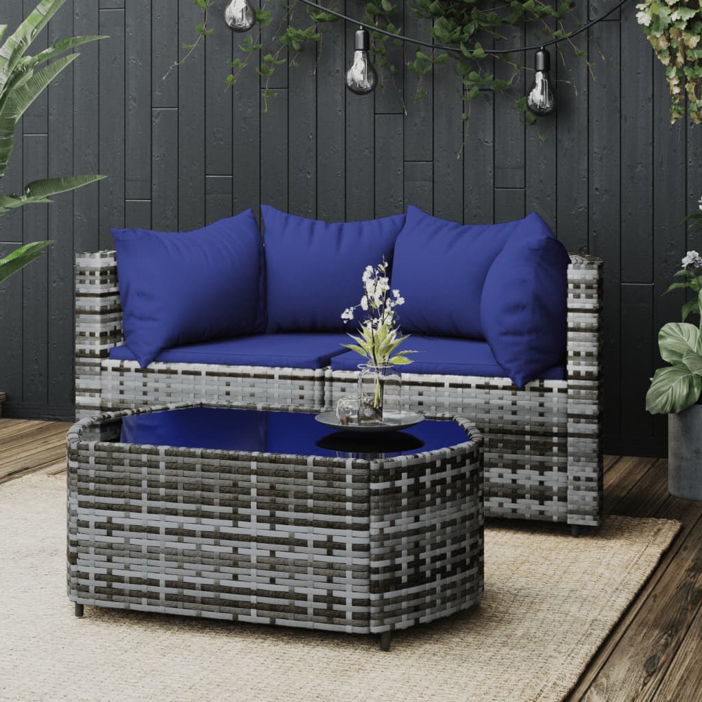 3-tlg. Garten-Lounge-Set mit Kissen Grau Poly Rattan