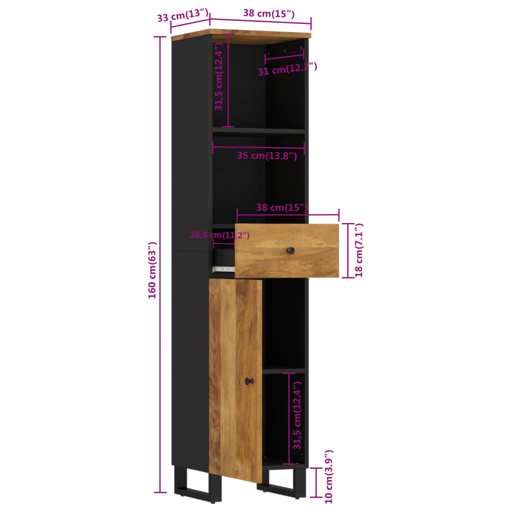 Badschrank 38x33x160 cm Massivholz Mango