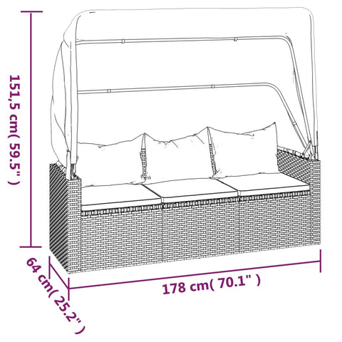 3-Sitzer-Gartensofa mit Dach und Fußhocker Grau Poly Rattan