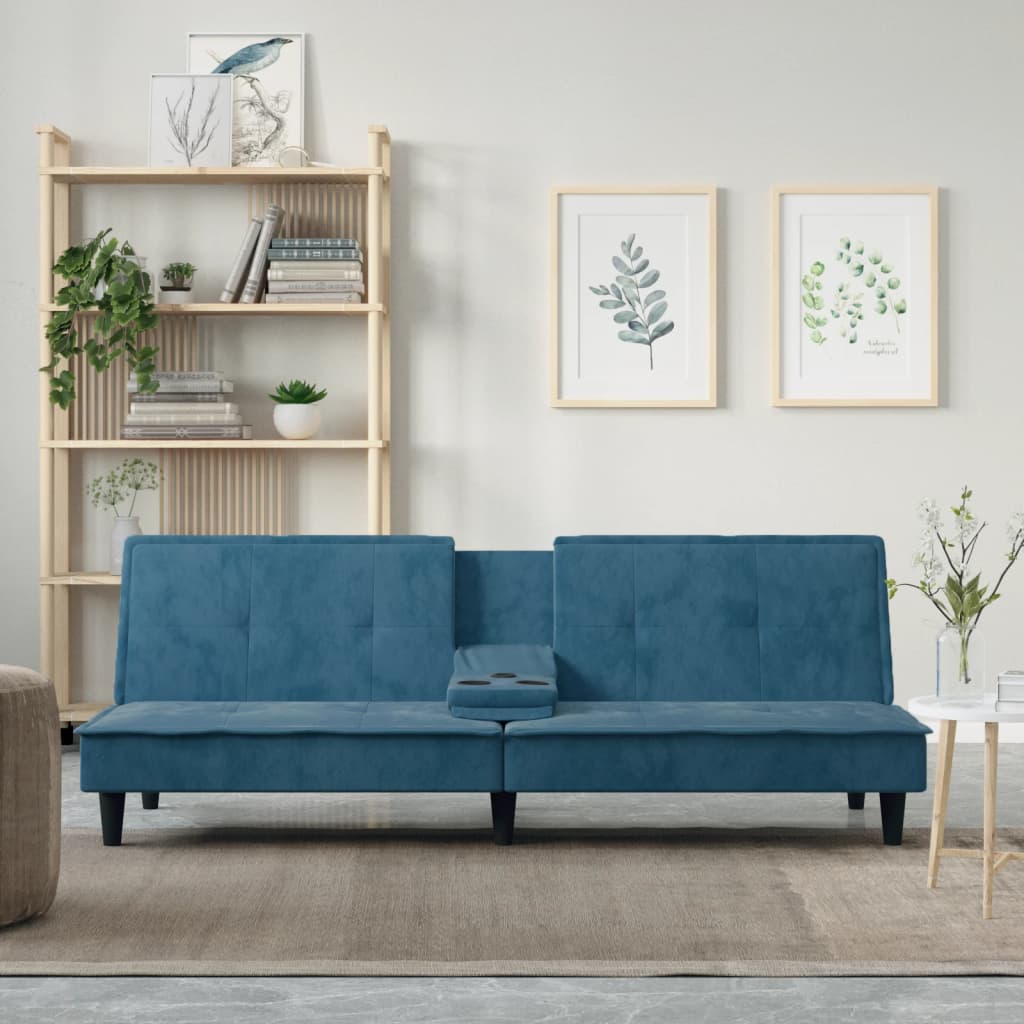 Schlafsofa mit Getränkehaltern Blau Samt