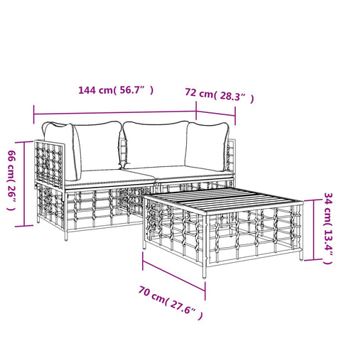 3-tlg. Garten-Lounge-Set mit Kissen Anthrazit Poly Rattan