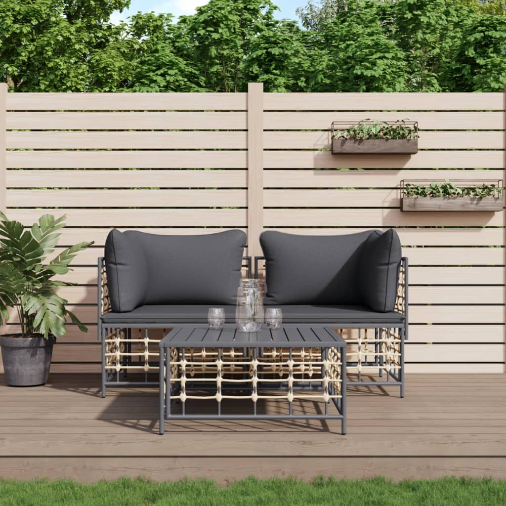 3-tlg. Garten-Lounge-Set mit Kissen Anthrazit Poly Rattan