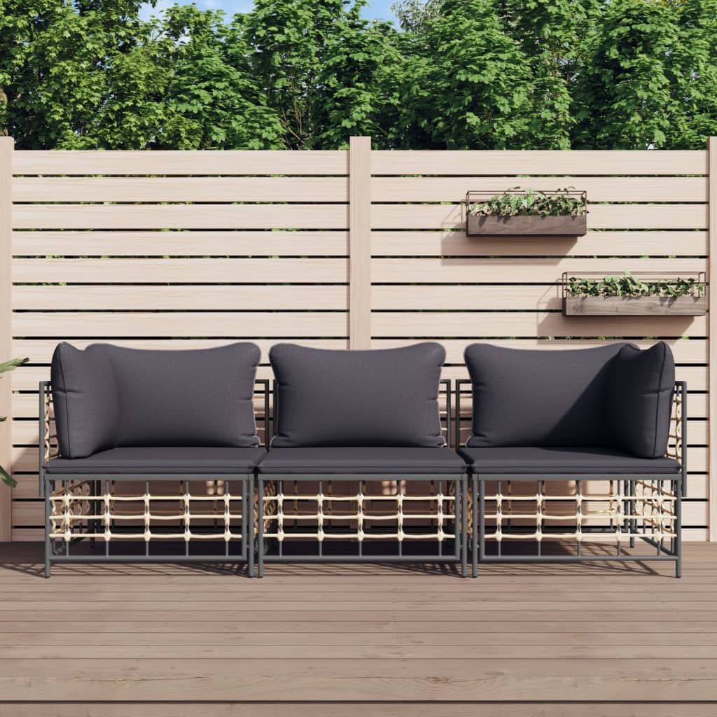 3-tlg. Garten-Lounge-Set mit Kissen Anthrazit Poly Rattan